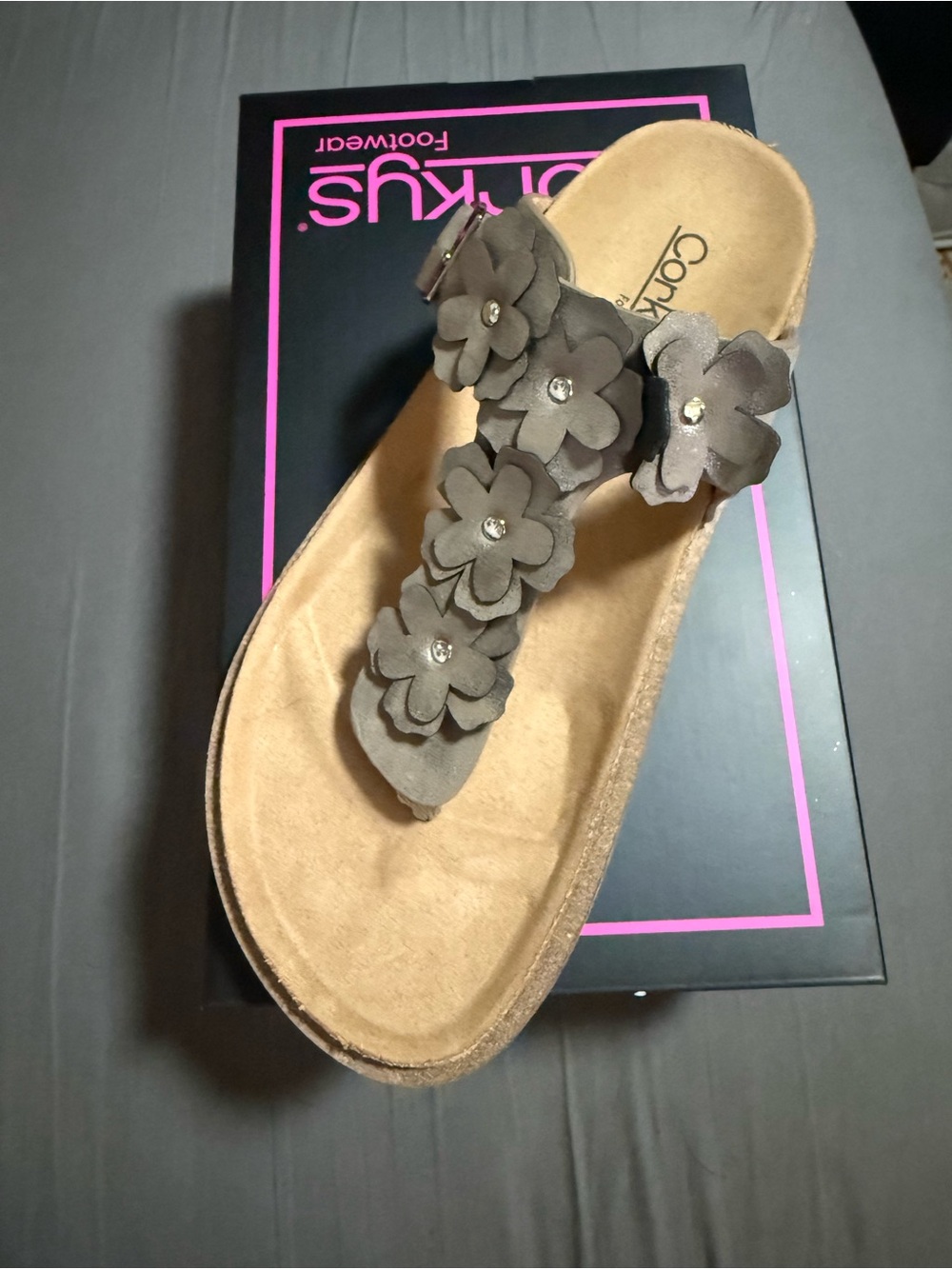 Corkys Taupe Floral Toe-Post Sandal with Rhinestone Centers